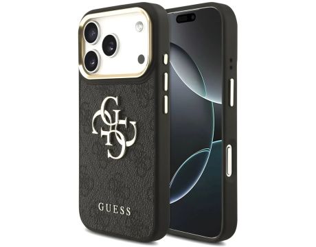 GUESS PU Leather 4G Metal Logo Gold Frame за Apple iPhone 18 Pro / 17 Pro, черен на супер цени