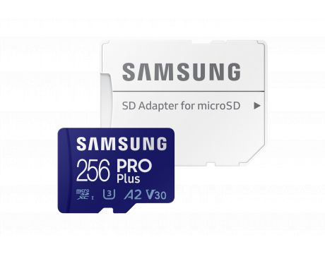 256GB microSD Samsung Pro Plus + SD адаптер, тъмносин на супер цени
