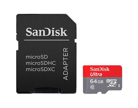 64GB microSDHC SanDisk Ultra, сив/червен + SD адаптер на супер цени