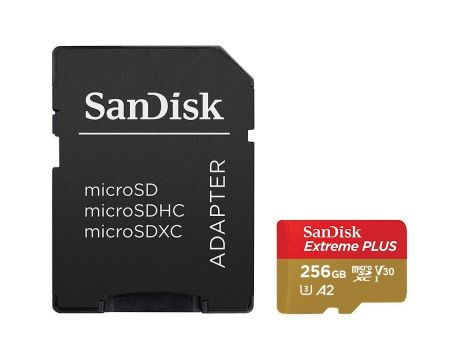 256GB microSDXC SanDisk Extreme Plus + SD Адаптер, червен/златист на супер цени