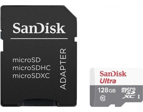128GB microSDXC SanDisk Ultra Android + SD Adapter, бял/сив на супер цени