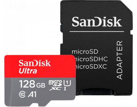 128GB microSDXC SanDisk Ultra + SD адаптер, сив/червен на супер цени