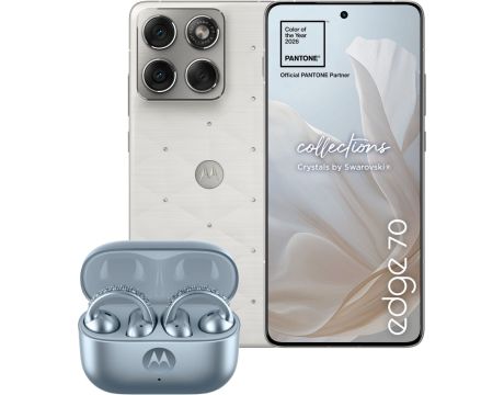 смартфон Motorola Edge 70 Swarovski Edition, 12GB, 512GB, PANTONE Cloud Dancer и слушалки Motorola Moto Buds Loop Swarovski Edition, Ice Melt на супер цени